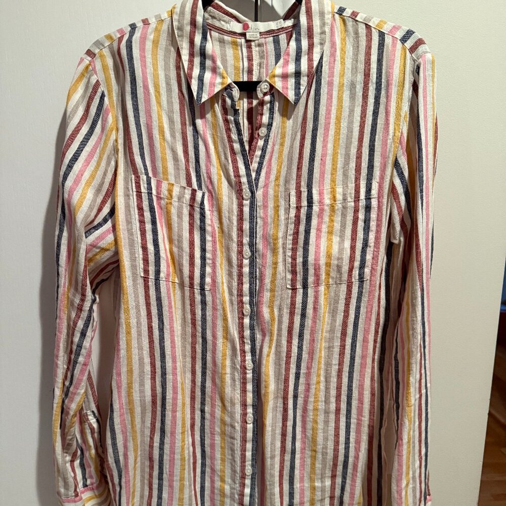 Boden Linen Striped Button-Down Shirt in Pink, Yellow, Blue, Cream